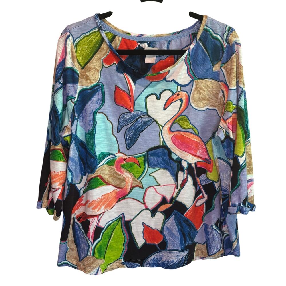 Chico's Novelty Flamingo Print Bold Colors Cotton Modal 3/4 Sleeve Top - Large